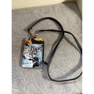 Stone Mountain Black Floral Leather Blend Zip Money & ID Card Holder Lanyard